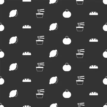 Set Tomato, Bread loaf, Lemon and Asian noodles in bowl on seamless pattern.  Illustrazione stock