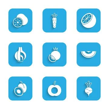 Set Tomato, Peach fruit, Beet, Melon, Plum, Onion, Orange and Kiwi icon. Vector Illustrazione stock