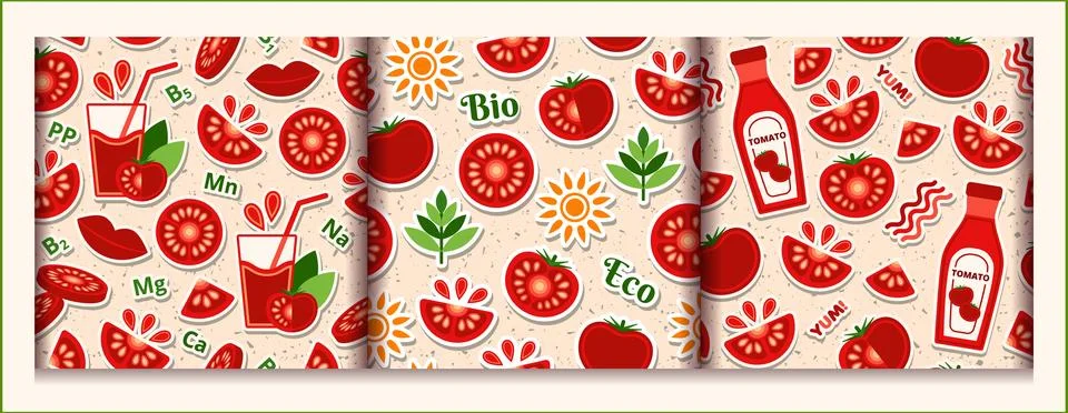 Set of tomato seamless patterns with design elements in simple geometric styl Stock Illustration