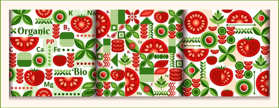 Set of tomato seamless patterns with design elements in simple geometric styl Stock Illustration