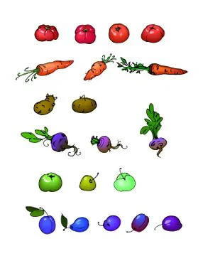 Set of tomatoes, potatoes, apples, plums, carrots Stock Illustration