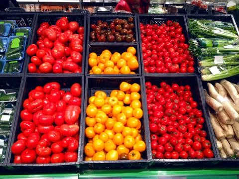 Set of tomatoes red, orange lying in supermarket Stock Photos
