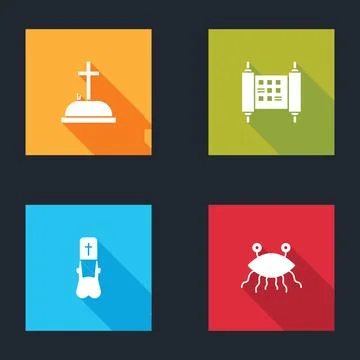 Set Tombstone with cross, Decree, paper, parchment, scroll, Priest and Pastaf Illustration