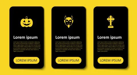 Set Tombstone with cross, Devil head and Pumpkin. Business infographic template Stock Illustration
