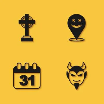 Set Tombstone with cross, Devil head, Halloween date 31 october and Happy Stockillustratie