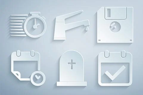 Set Tombstone with cross, Floppy disk, Calendar and clock, check mark, Water tap Illustrazione stock