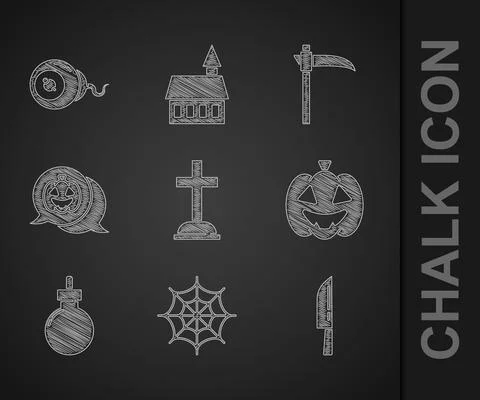Set Tombstone with cross, Spider web, Knife, Pumpkin, Bomb ready explode, Scythe 스톡 일러스트
