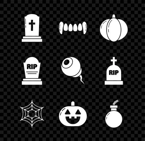 Set Tombstone with cross, Vampire teeth, Pumpkin, Spider web, Bomb ready explode Stock Illustration