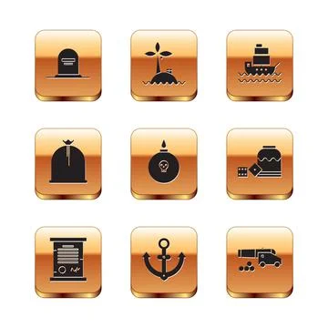 Set Tombstone with RIP written, Decree, parchment, scroll, Anchor, Bomb ready Illustrazione stock