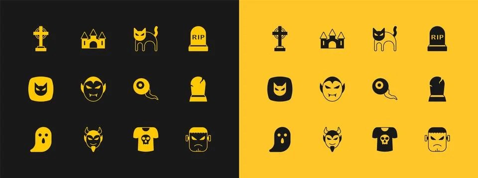 Set Tombstone with RIP written, Devil head, Eye, Shirt skull, Vampire, Blac.. Illustration