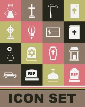 Set Tombstone with RIP written, Old crypt, Holy bible book, Scythe, Lily flower Ilustración de archivo