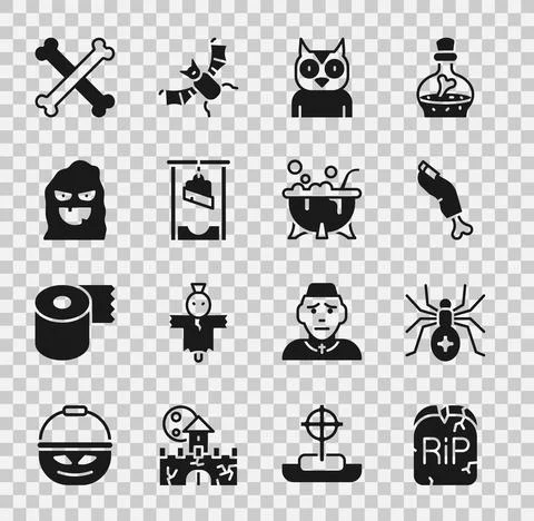 Set Tombstone with RIP written, Spider, Zombie finger, Owl bird, Guillotine Stock-Illustration