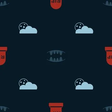 Set Tombstone with RIP written, Vampire teeth and Moon and stars on seamless Illustrazione stock