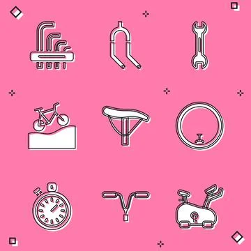 Set Tool allen keys, Bicycle fork, Wrench spanner, Mountain bicycle, seat, wheel Stock Illustration