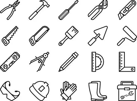 Set of tool and equipment linear icons as an editable outline for your design Stock Photos