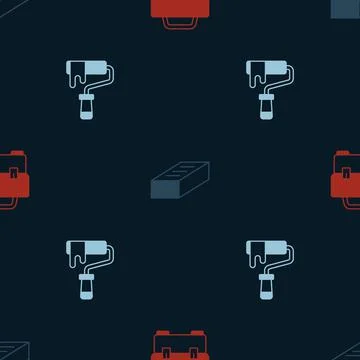 Set Toolbox, Brick and Paint roller brush on seamless pattern. Vector イラスト素材