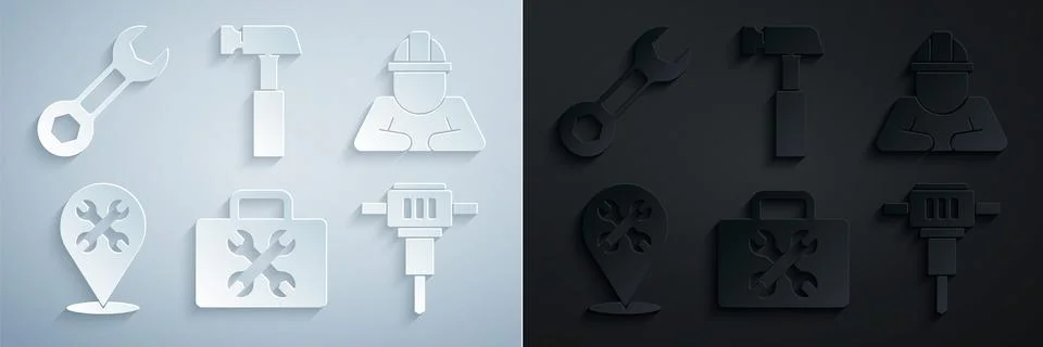 Set Toolbox, Builder, Location with wrench, Construction jackhammer, Hammer and Illustrazione stock