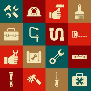 Set Toolbox, Construction bubble level, Hand saw, Hammer, Clamp screw tool, w Illustrazione stock