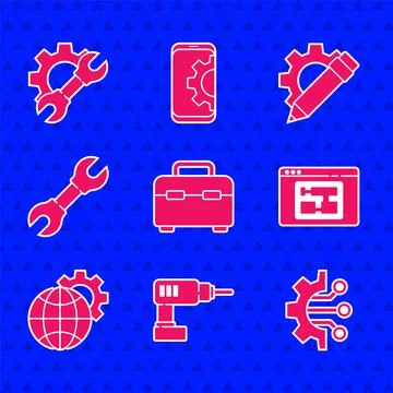 Set Toolbox, Electric drill machine, Algorithm, House plan, Globe of the Earth Stock Illustration