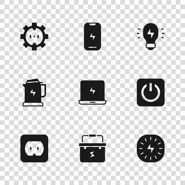 Set Toolbox electrician, Power button, Lightning bolt, Laptop, Creative lam.. Stock Illustration