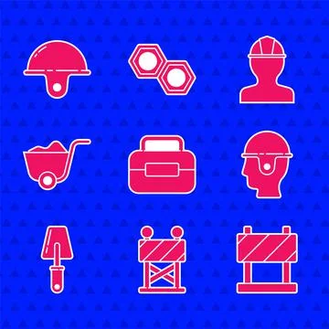 Set Toolbox, Road barrier, Worker safety helmet, Trowel, Shovel, and icon Illustration