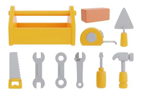 Set of Toolbox, saw, wrench, screwdriver, hammer, Tape measure , Trowel, cons Stock Illustration