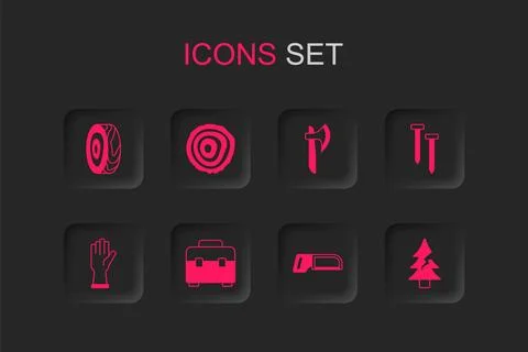 Set Toolbox, Tree rings, Hacksaw, Metallic nails, Wooden axe and Protective.. Stock Illustration