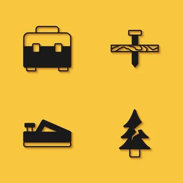 Set Toolbox, Tree, Wood plane tool and Metallic nail icon with long shadow Stock Illustration