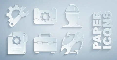 Set Toolbox, Worker safety helmet, Document settings and pen, Wrench arrows as Illustrazione stock