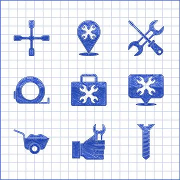 Set Toolbox, Wrench spanner, Metallic screw, Location with wrench, Wheelbarrow Stock Illustration