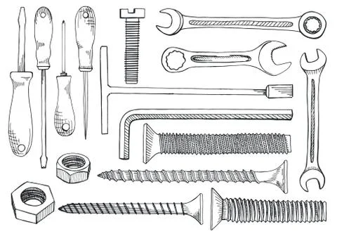 Set of tools and fasteners. Stock Illustration