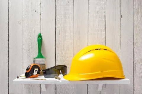 Set of  tools and instruments on shelf Stock Photos