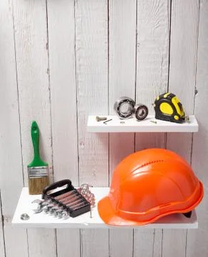 Set of  tools and instruments on shelf Stock Photos