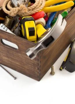 Set of tools and instruments in toolbox Stock Photos