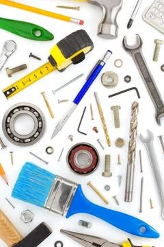 Set of tools and instruments on white Fotos de archivo