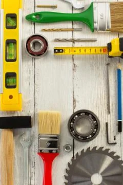 Set of tools and instruments on wood Stock Photos