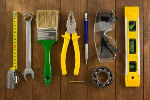 Set of tools and instruments on wood Stock Photos