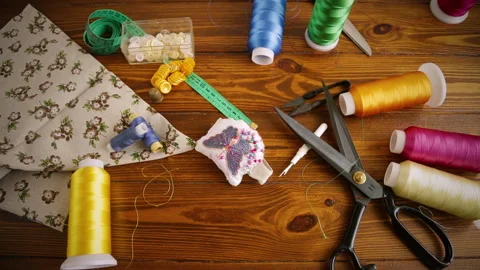 A set of tools and threads for sewing clothes Video stock 243151804