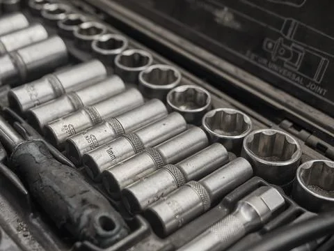 A set of tools and wrenches in a car workshop 스톡 사진