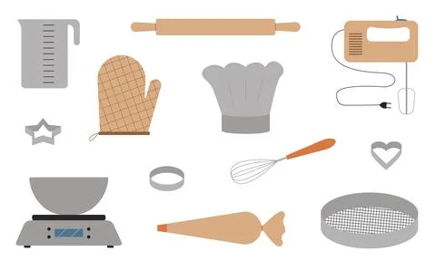 Set of tools for baking culinary products. Bakery tools. Flat style. Vector. Stock Illustration