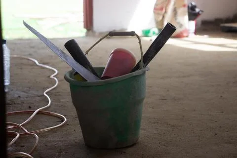 Set of tools in the basket. interior or exterior. Stock Photos