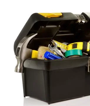 Set of tools in black plastic box Foto stock