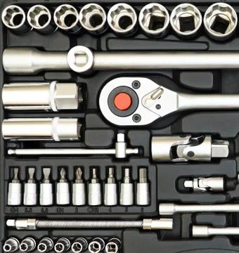 Set of tools in box isolated on white Stock Photos