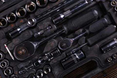 A set of tools in the box, organized workspace. Stock Photos