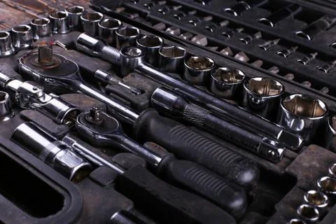 A set of tools in the box, organized workspace. Stock Photos