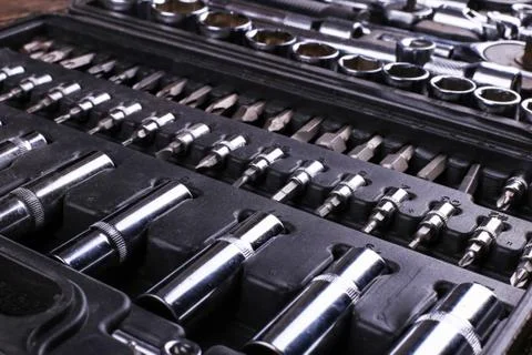 A set of tools in the box, organized workspace. Stock Photos
