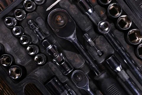 A set of tools in the box, organized workspace. Stock Photos