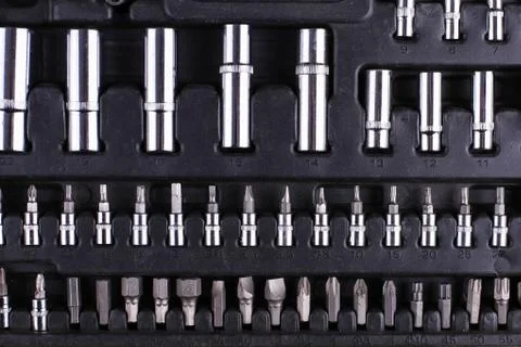 A set of tools in the box, organized workspace. Stock Photos