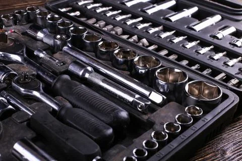 A set of tools in the box, organized workspace. Stock Photos