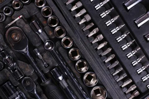 A set of tools in the box, organized workspace. Stock Photos